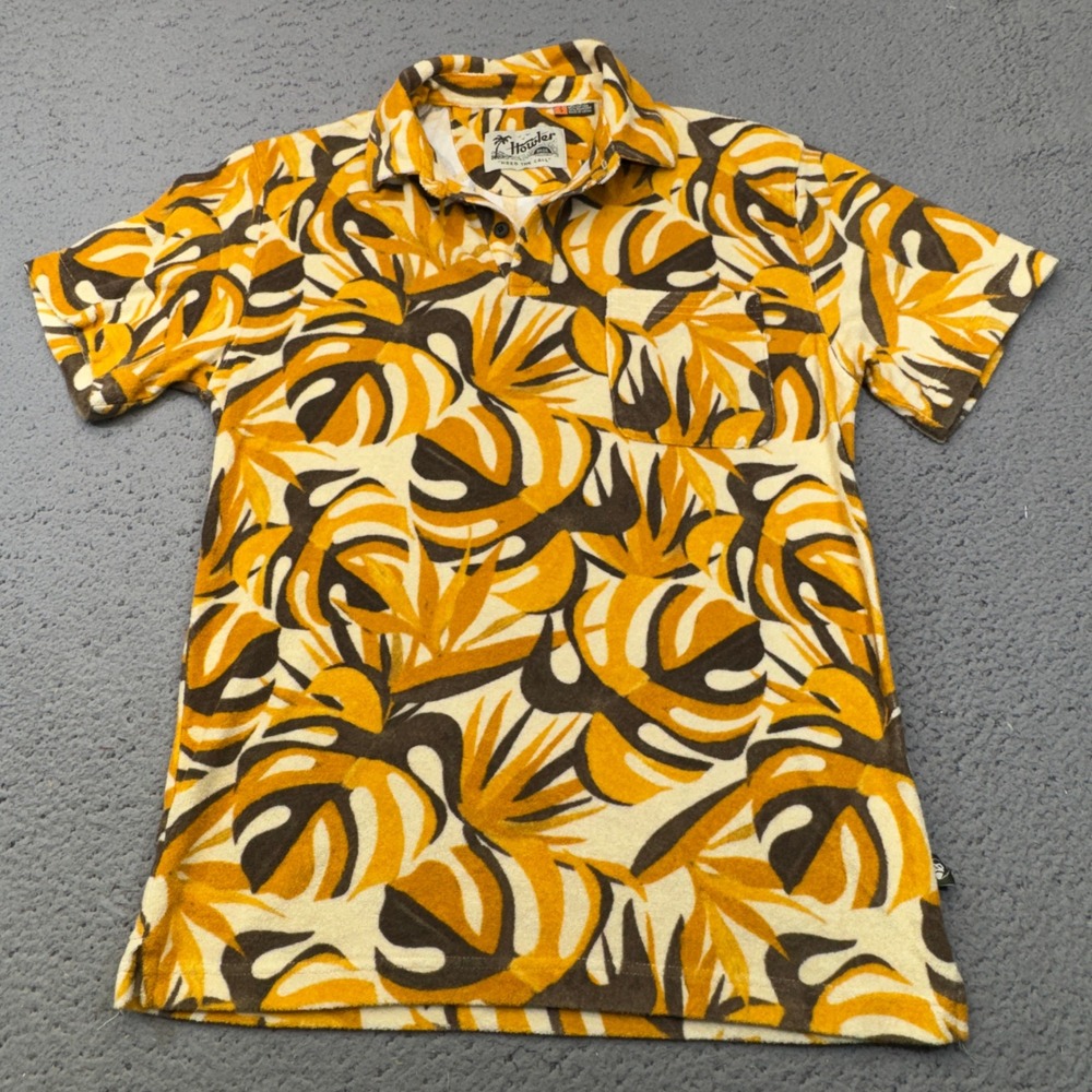 Howler Bros Gaucho Terry Cloth Polo Mens Small Orange Brown Palm Leaf Tropical